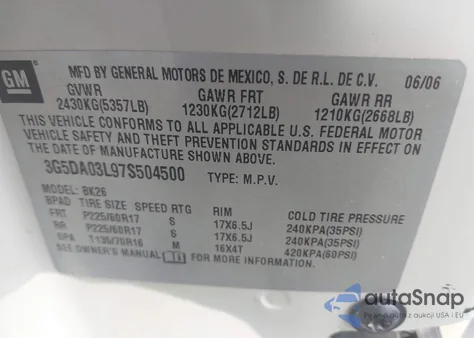 2007 Buick Rendezvous Cxl from USA, damaged, VIN 3G5DA03L97S504500